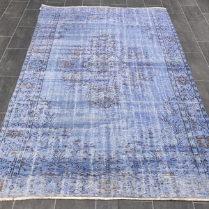 5.40x9.30 Blue Turkish Rug, Oushak Area Rug, Wool Turkish Rug, Overdyed Rug, Vintage Area Rug, Blue Oushak Rug, Large Faded Rug