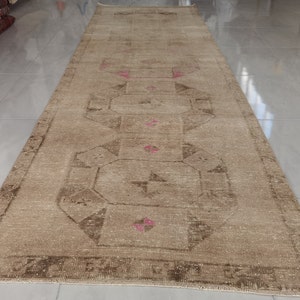 Muted Runner Rug 3.7&#39; x 11.8&#39; Vintage Neutral Rug, Faded Oushak Runner, Vintage Narrow Rug, Rug For Hallway, Vintage Turkish Rug