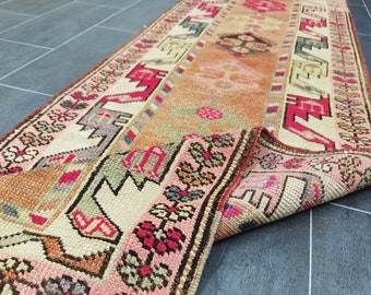 Wool Herki 2.5'x13' Faded Orange & Hot Magenta Pink, Vintage Anatolian Geometric Medallion Carpet, Distressed Tribal Wool Hallway Runner