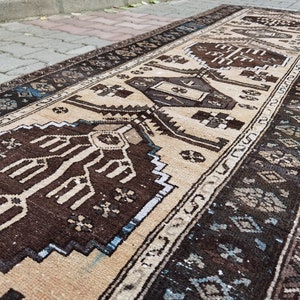 3.2&#39; x 9.8&#39; Vintage Wool Rug, Muted Runner Rug, Distressed Entry Rug, Boho Brown Rug, Beige And Brown Rug, Oushak Runner  3x10,