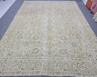 Vintage Oushak Rug, 9.7x12.6 ft Hand-Knotted Turkish Rug, Large Cream Beige Area Rug, Faded Green Neutral Rug, Antique Boho Living Room