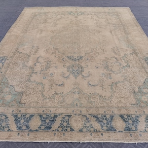 9.51&#39; x 12.8&#39; Vintage Muted Rug, Cream Area Rug, Oversized Wool Rug, Vintage Neutral Rug, Turkish Oushak Rug, Extra Large Rug