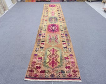 Vintage Herki Runner Rug 3x13, Terracotta Orange & Vibrant Pink, Hand Knotted Wool Carpet, Long Tribal Corridor Accent