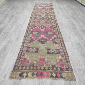 2.72x13.45 Faded Vintage Turkish Herki Wool Runner Rug For Hallway, Entry or Dining Room