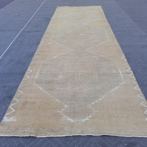 3.6&#39; x 11.6&#39; Neutral Vintage Rug, Oushak Runner Rug, Vintage Turkish Rug, Turkish Runner Rug, Muted Beige Rug, Faded Wool Rug