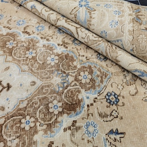 10&#39; x 12.63&#39; Handmade Vintage Rug, Cream And Blue Rug, Vintage Turkish Rug, Muted Wool Rug, Faded Oushak Rug, Extra Large Rug