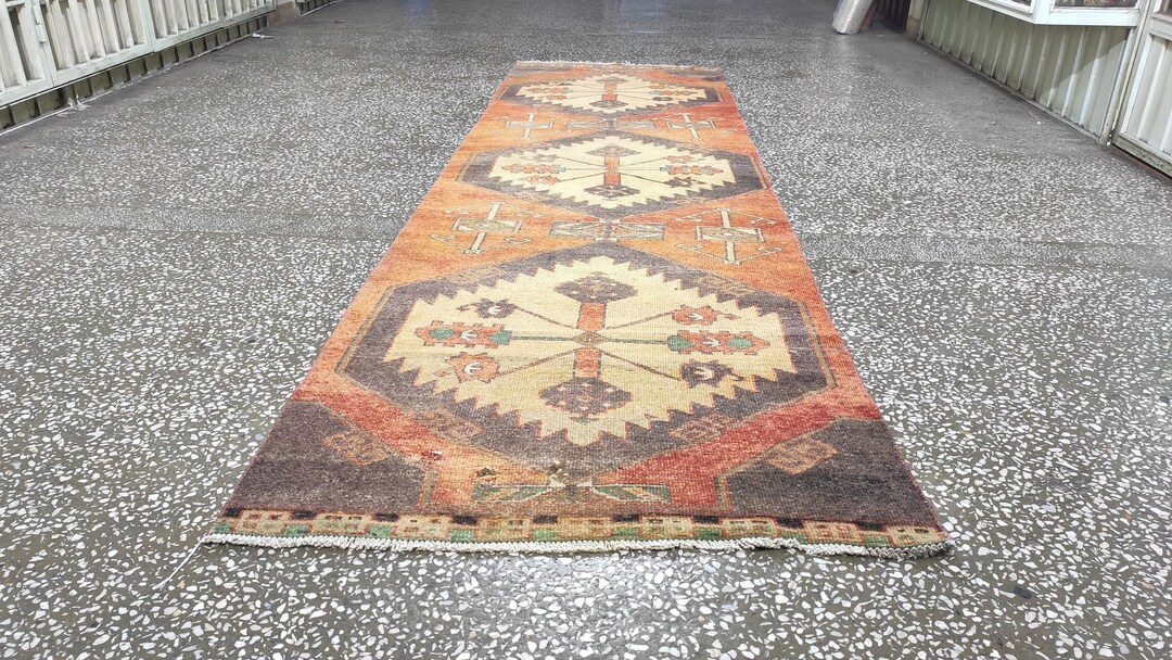 Vintage Turkish Runner Rug: Copper Bronze Oushak, Boho Hallway Rug (3. ...