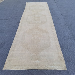 3.7' x 13' Neutral Runner Rug, Vintage Oushak Rug, Faded Runner Rug, Wool Handmade Rug, Turkish Runner Rug, Muted Wool Rug, HandWoven Runner