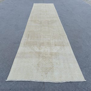 2.8' x 11.8' Vintage Turkish Oushak Wool Runner Rug:  Cream Neutral Rug