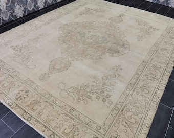 Tapis vintage 9 x 12, tapis Oushak neutre, très grand tapis, tapis crème délavé, tapis turc 9 x 12, tapis surdimensionné, tapis neutre 9 x 12, effet vieilli