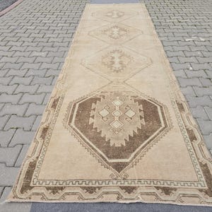 Vintage 3.74&#39; x 12.53&#39;  Turkish Oushak Runner - Wool, Green And Neutral Runner, Geometric Antique Rug, Hand Knotted Rug