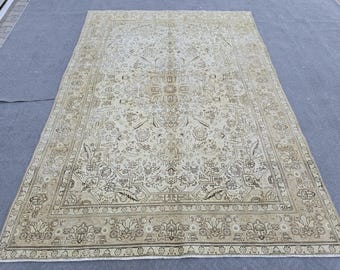 8x11 Muted Beige Vintage Oushak Rug, Oversized Faded Turkish Area Rug for Large Living Room, Cream Floral Medallion Carpet, Quiet Luxury