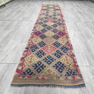 HERKI RUNNER RUG 2.39x12.89 // Vintage Faded Wool Oushak Herki Rug Runner For Hallway, Living Room and Kitchen