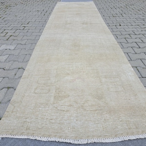 3.6&#39; x 13.5&#39;  Neutral Vintage Rug, Vintage Turkish Runner Rug ,  Malatya Region |  Cream, Blush & Brown Tones | Geometric Anatolian Motifs