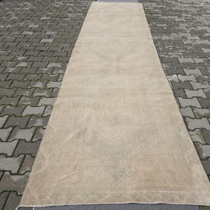 3.9 ft x 14.8' Vintage Turkish Oushak Runner Rug,  Wool, Neutral Tones with Faded Floral Design, Muted Oushak Rug