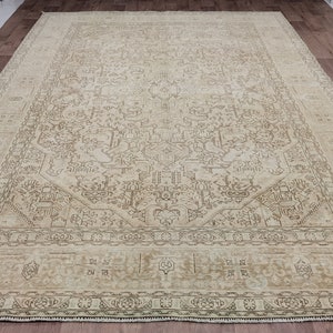 9.6&#39;x12x6&#39;  Vintage Neutral Rug, Hand Knotted Rug, Wool Turkish Rug, Beige And Brown Rug, Heriz Pattern Rug, Cream Oushak Rug, Oversized Rug