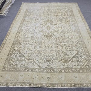 Vintage 7.8' x 10.9' Oversized Turkish Oushak Rug, Beige & Brown, Floral and Medallion Design, Wool on Cotton, Faded Neutral Tones