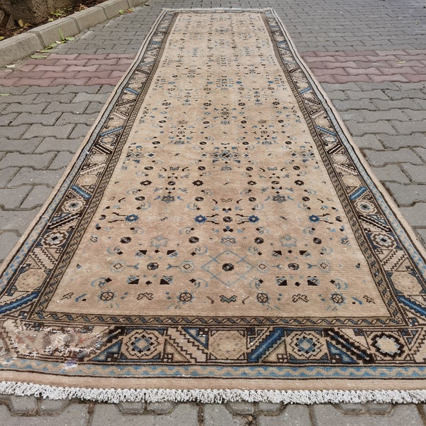 NEUTRAL OUSHAK RUNNER 3.60'x14' feet // Vintage Anatolian Boho Wool Runner Rug For Hallway or Entryway and Kitchen