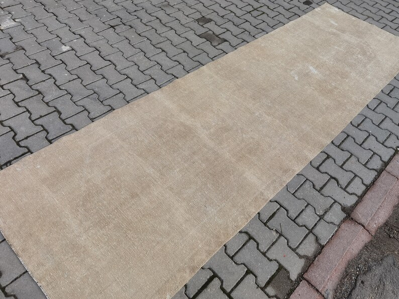 3.6' X 12.1' Neutral Runner Rug, Oushak Runner, Cream Vintage Rug