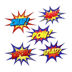 May include: Five colorful comic book style sound effects with a starburst design. The words are "BAM!" "POW!" "ZWAP!" "KAPOW!" and "SPLAT!"