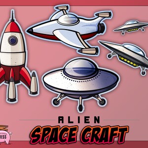 UFO i inne retro statki kosmiczne! Wersje PNG i PDF statków kosmicznych obcych Clipart do tworzenia, naklejek i nie tylko
