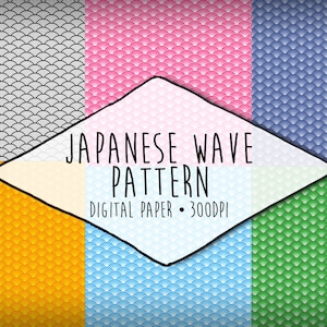 Puede incluir: Paquete de papel digital con seis patrones de olas japonesas diferentes. Los patrones son en blanco y negro, rosa, azul, amarillo y verde. El texto "JAPANESE WAVE PATTERN DIGITAL PAPER - 300DPI" está en el centro de la imagen.
