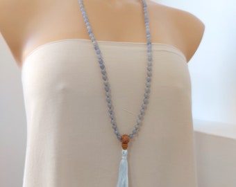 Quartz necklace, long boho blue quartz mala bead 108, tassel necklace, gray boho necklace, bohemian outfits, meditation