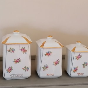 Vintage franska porslinsköksburkar: Blommiga kaffeförvaringsburkar