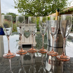 Six French Luminarc Champagne Flutes. 1980’s Pink Blush Stem Champagne, Prosecco Glasses. French Drinkware and Barware. Gift Idea.