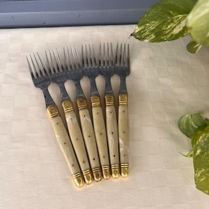 Set of Six Vintage LAGUIOLE Forks. Vintage French Flatware. Forged Bee Trademark.