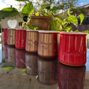 Pode incluir: Uma fileira de pequenos potes cilíndricos em várias cores, incluindo vermelho e bronze. Alguns potes têm a inscrição "Joyeuses Fêtes". Os potes estão dispostos sobre uma superfície refletora, com um fundo desfocado de vegetação.