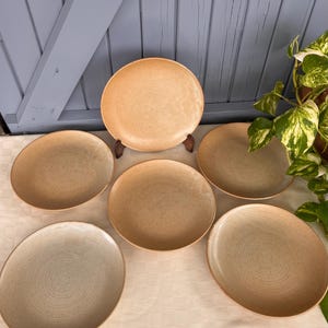 Op de afbeelding: Een set van zes beige keramische borden met een textuur van concentrische cirkels. De borden staan op een witte ondergrond, met één bord op een houten standaard. De kleuren van de borden variëren van lichtbeige tot een donkerdere bruintint.