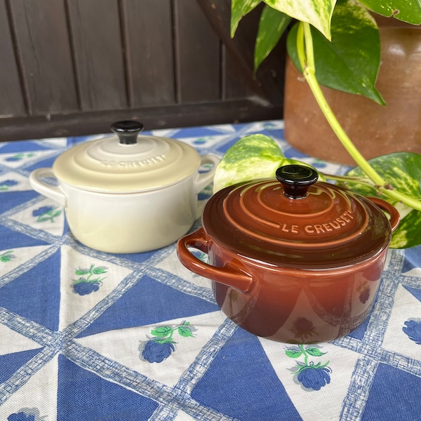 2 Le Creuset Vintage Ceramic Mini Lidded Casseroles/Cocottes. Made in France Individual Serving Pots. Brown, Cream French Vintage Cookware.