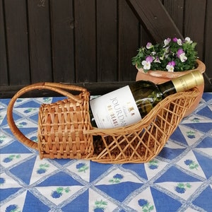 Vintage French Wicker Wine Bottle Basket. Wine Bottle Holder, Carrier. Dining and Serving. New Home Gift Idea.