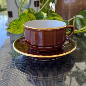 Apilco Deshoulieres Glossy Brown and Gold Large Coffee Cup and Saucer. Elegant and Stylish Coffee Time. French Drink ware. Perfect Gift.