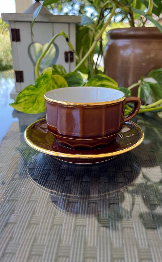 Vintage Apilco Coffee Cup and Saucer: Glossy Brown & Gold French Drinkware
