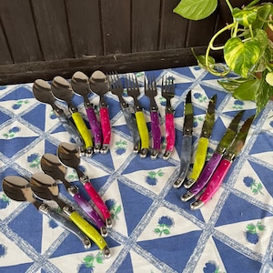 16 Vintage LAGUIOLE Besteck. Bunte Harz Griffe. Laguiole Steakmesser, Gabeln, Dessert, Teelöffel. Französisches Besteck. Bienenmarke.