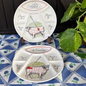 Due piatti per fonduta vintage Porcelaine d&#39;auteuil France. Piatti da collezione realizzati in Francia. Stile Lobjoy. Stoviglie da bistrot francese.