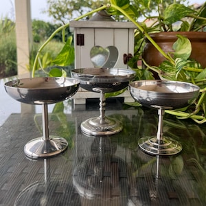 Vintage Mismatched Stainless Steel Dessert Coupes: French Elegant Footed Dishes - Set of 3
