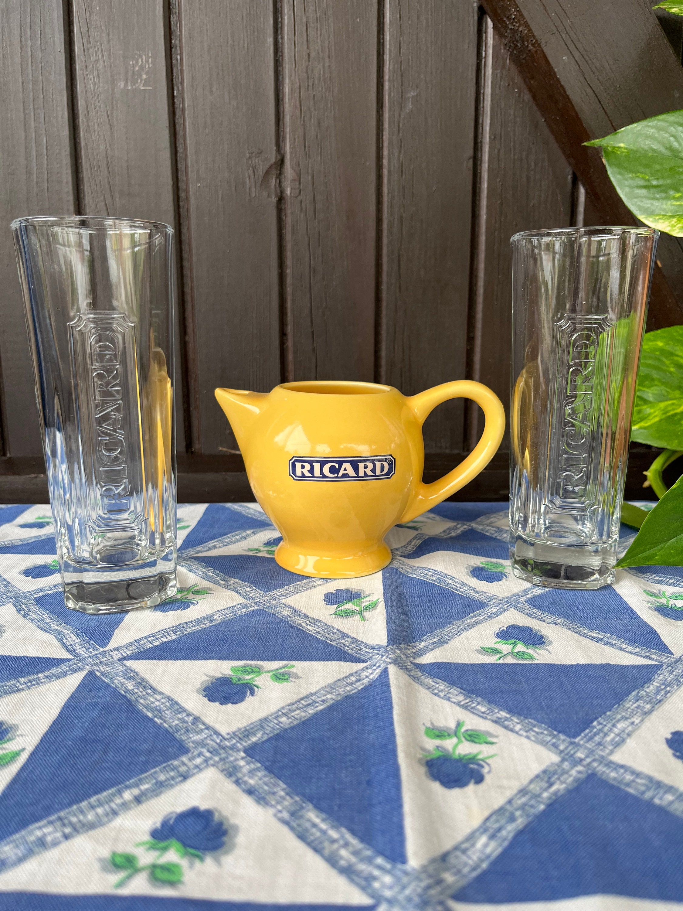 French Ricard Branded Yellow Ceramic Water Jug and Two Rectangular Base Ricard Glasses. Barware. French Glassware. Gift Idea