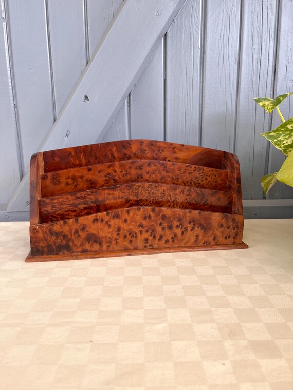 Vintage Burl Wood Desk Organizer. 3 Tier Handmade Wooden Letter Rack & Mail Holder.