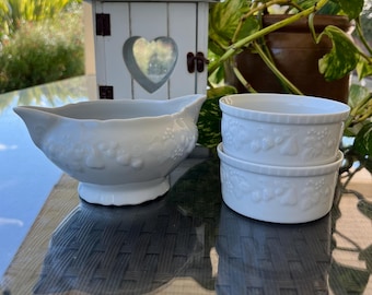 Limoges Porcelain Gravy Boat with Ramekins: Fruit & Leaf Embossed Design