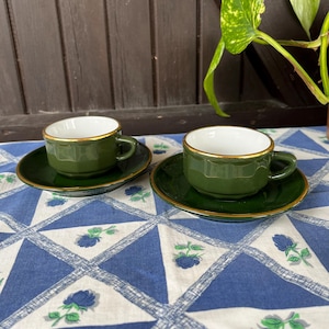 Vintage Apilco Green & Gold Espresso Cups and Saucers - Set of 2