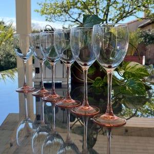 Six French Luminarc Pink Stem Wine Glasses. Elegant French Vintage Glasses. Special Anniversary, Birthday Gift.