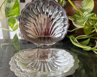 Vintage Shell Caviar Bowl: Silver Metal & Opaline Glass