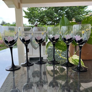 Six French Vintage Black Stem Anais Design Wine Glasses by Luminarc. Elegant French Vintage Glassware. Gift Idea.