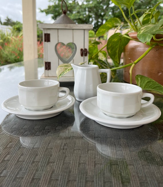 Apilco White Espresso Coffee Cups and Saucers & Matching Milk Jug 