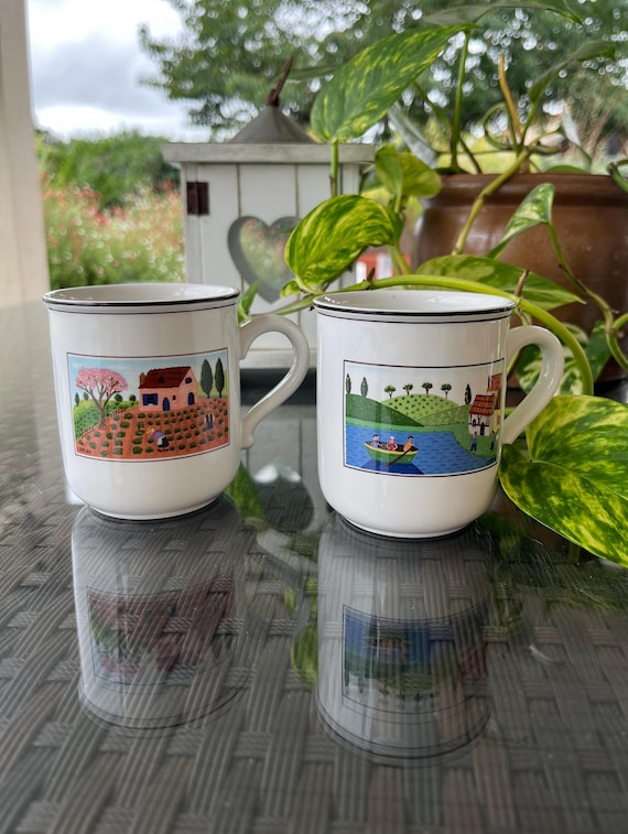 Tazas de cafe vintage de porcelana de VILLEROY BOCH con diseno naif escenas de barcos y granjas. Tazas para te y chocolate caliente. Idea para regalo. Etsy Mexico
