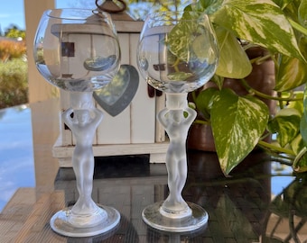 Vasos de licor de cristal francés vintage, vasos de chupito: Bacchante Venus con tallo esmerilado, juego de 2