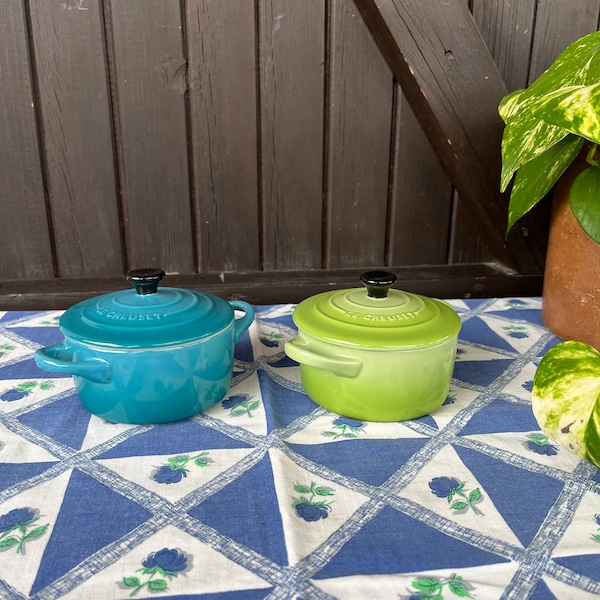 2 Le Creuset Vintage Ceramic Mini Lidded Casseroles/Cocottes. Made in France Individual Serving Pots. Blue, Green French Vintage Cookware.